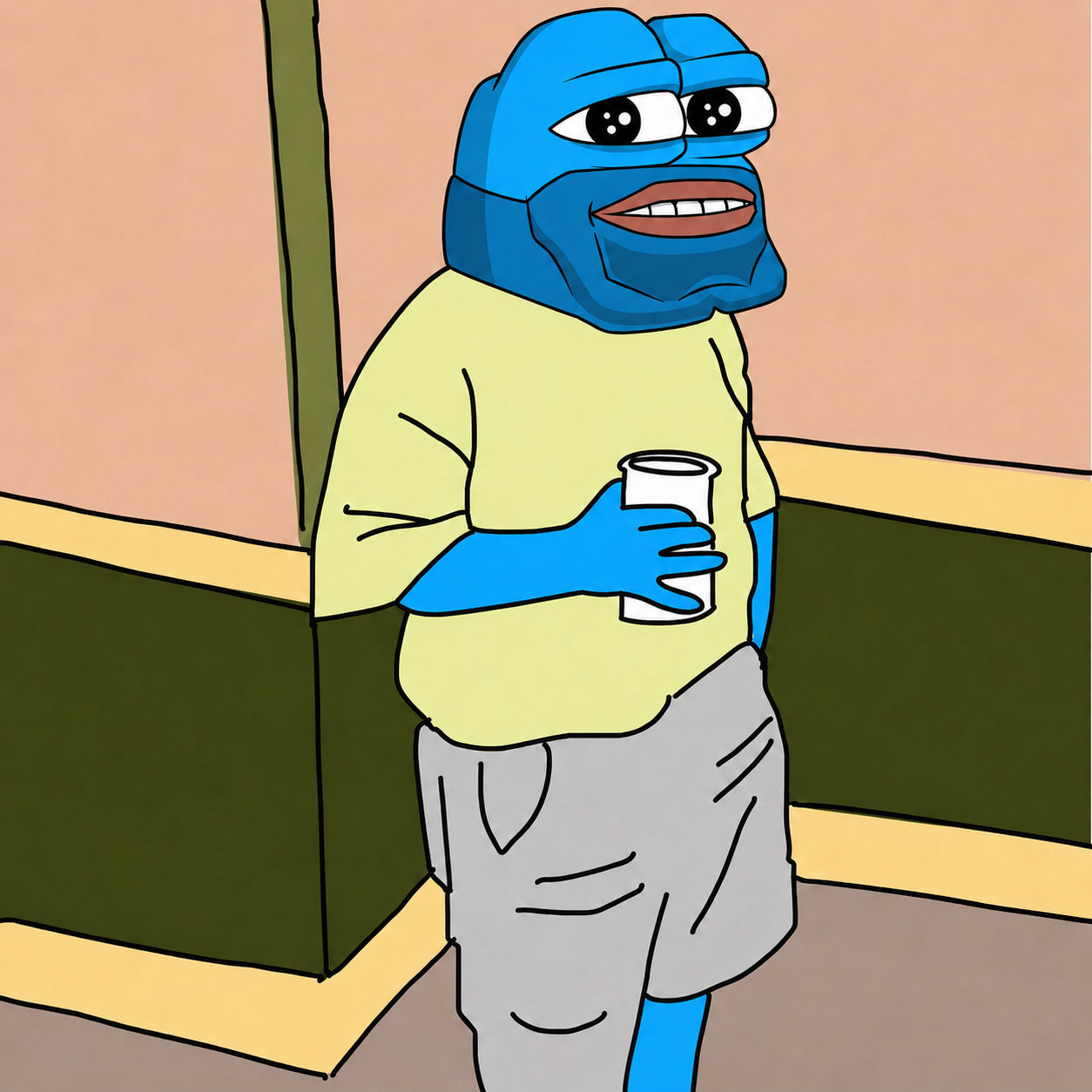 Blue INTERN standing in a hallway while holding a drink