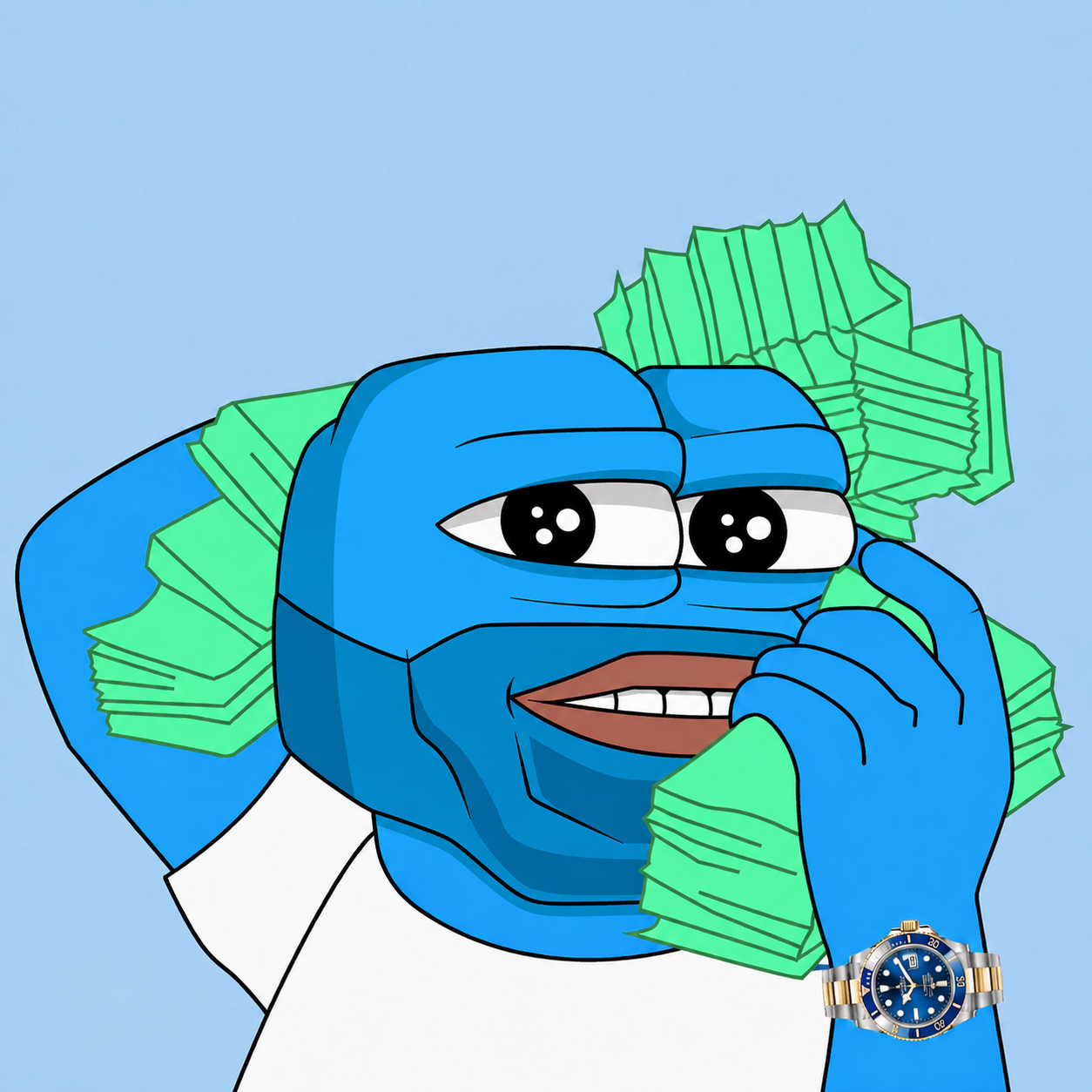 Blue INTERN holding stacks of green cash
